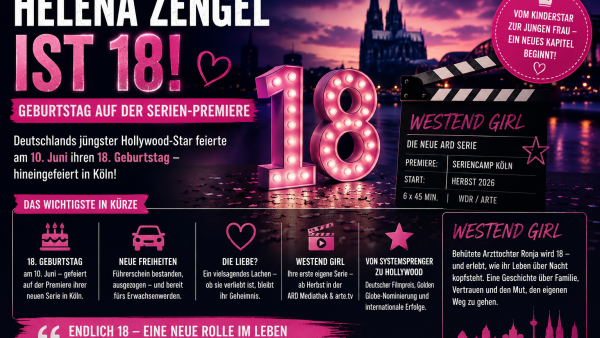 Helena Zengel ist 18 als Symbolbild mit pinker 18, Filmklappe, Kölner Skyline und Hinweis auf die Serie Westend Girl