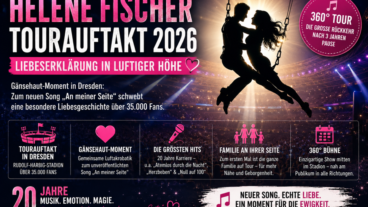 Helene Fischer Tourauftakt 2026 als Symbolbild mit Luftakrobatik-Silhouetten, Stadionlicht und 360-Grad-Bühne