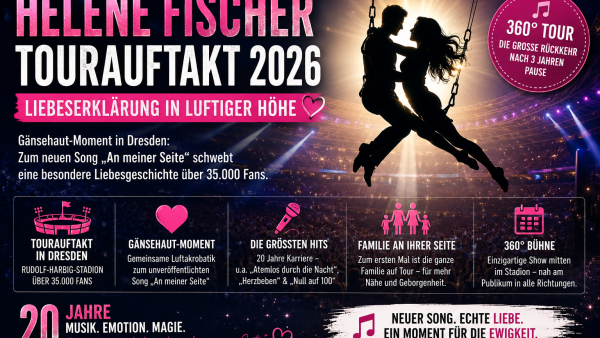 Helene Fischer Tourauftakt 2026 als Symbolbild mit Luftakrobatik-Silhouetten, Stadionlicht und 360-Grad-Bühne