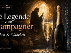 Historisches Titelbild zur Legende vom Champagner mit Champagnerglas, Flasche, Mönch-Silhouette und Méthode Champenoise.