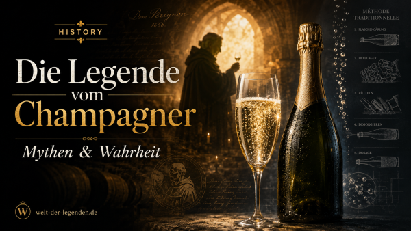Historisches Titelbild zur Legende vom Champagner mit Champagnerglas, Flasche, Mönch-Silhouette und Méthode Champenoise.