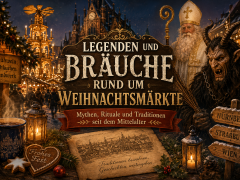 Festliches Weihnachtsmarkt-Titelbild mit Christkind, Krampus, Glühwein, Lichtern und historischen Bräuchen aus dem Mittelalter.