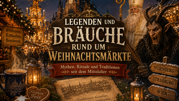 Festliches Weihnachtsmarkt-Titelbild mit Christkind, Krampus, Glühwein, Lichtern und historischen Bräuchen aus dem Mittelalter.