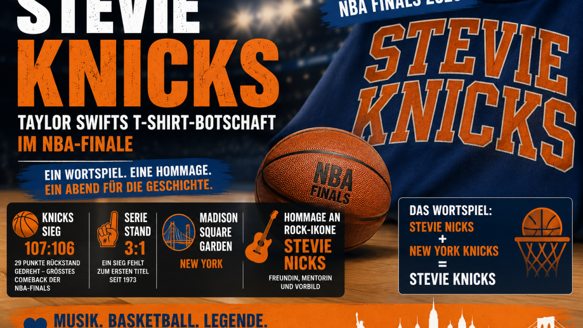 Stevie Knicks Schriftzug auf blauem Shirt als Symbolbild für Taylor Swifts T-Shirt-Botschaft beim NBA-Finale der New York Knicks