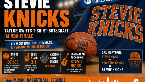 Stevie Knicks Schriftzug auf blauem Shirt als Symbolbild für Taylor Swifts T-Shirt-Botschaft beim NBA-Finale der New York Knicks