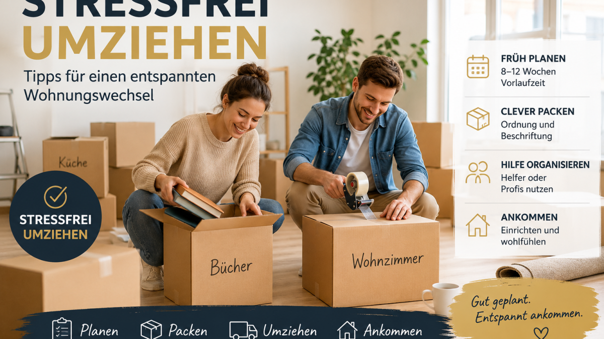 Stressfrei umziehen: Paar packt Umzugskartons in heller Wohnung mit Tipps für Planung, Packen und Umzugstag