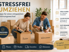 Stressfrei umziehen: Paar packt Umzugskartons in heller Wohnung mit Tipps für Planung, Packen und Umzugstag