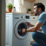 Person prüft die Tür einer Waschmaschine, die nicht startet, zur Fehlersuche