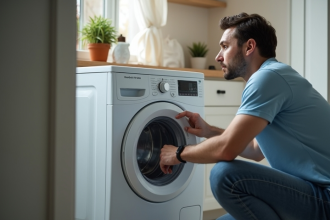Person prüft die Tür einer Waschmaschine, die nicht startet, zur Fehlersuche