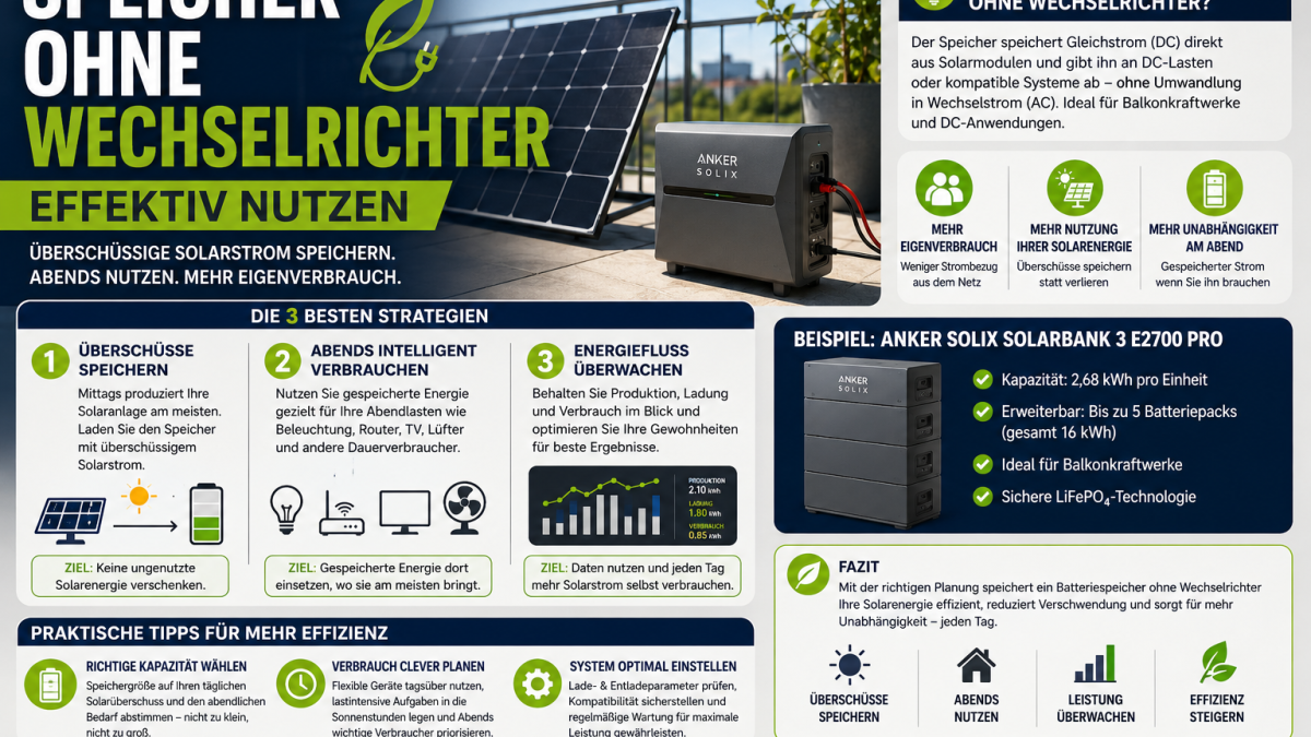 Batteriespeicher ohne Wechselrichter am Balkonkraftwerk mit Solarmodulen und intelligenter Energienutzung