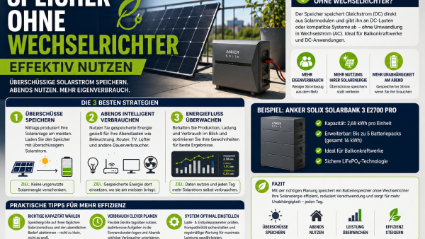 Batteriespeicher ohne Wechselrichter am Balkonkraftwerk mit Solarmodulen und intelligenter Energienutzung