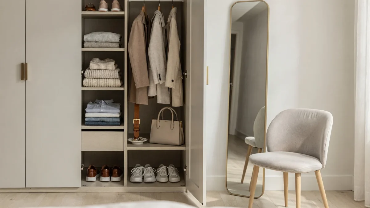 Offener Kleiderschrank mit Kleidung, Schuhen und Accessoires im modernen Wohnraum