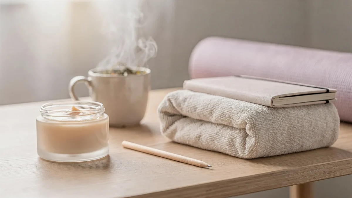 Selbstfürsorge mit Tee, Notizbuch, Gesichtscreme und Yogamatte auf hellem Holztisch.