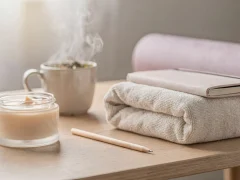 Selbstfürsorge mit Tee, Notizbuch, Gesichtscreme und Yogamatte auf hellem Holztisch.