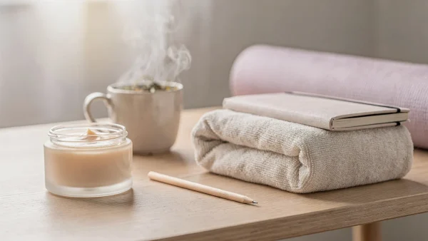 Selbstfürsorge mit Tee, Notizbuch, Gesichtscreme und Yogamatte auf hellem Holztisch.